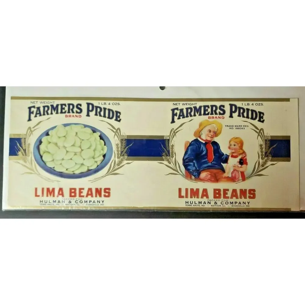 Vintage Farmers Pride Brand Lima Beans‎ Hulman Co Indiana 1940s Can Label B-2